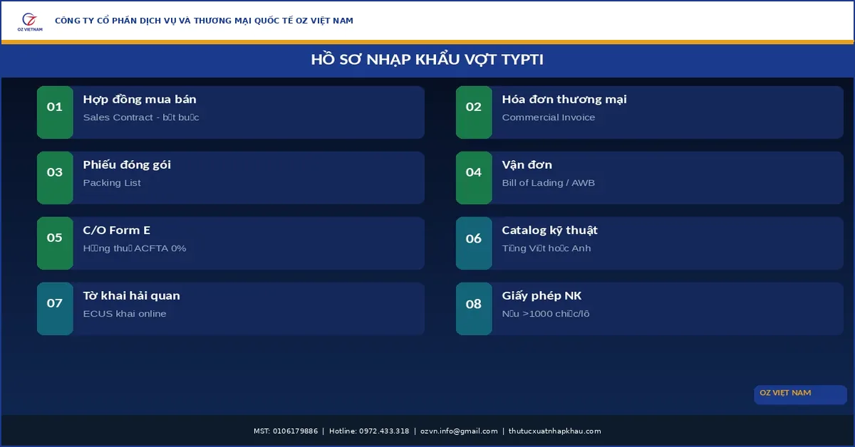 hồ sơ hóa đơn chứng từ nhập khẩu vợt Typti hợp pháp