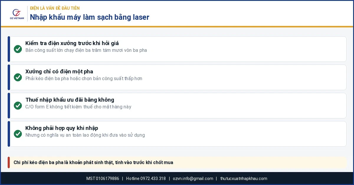 Kiểm tra nguồn điện xưởng trước khi nhập khẩu máy làm sạch bằng laser từ Trung Quốc