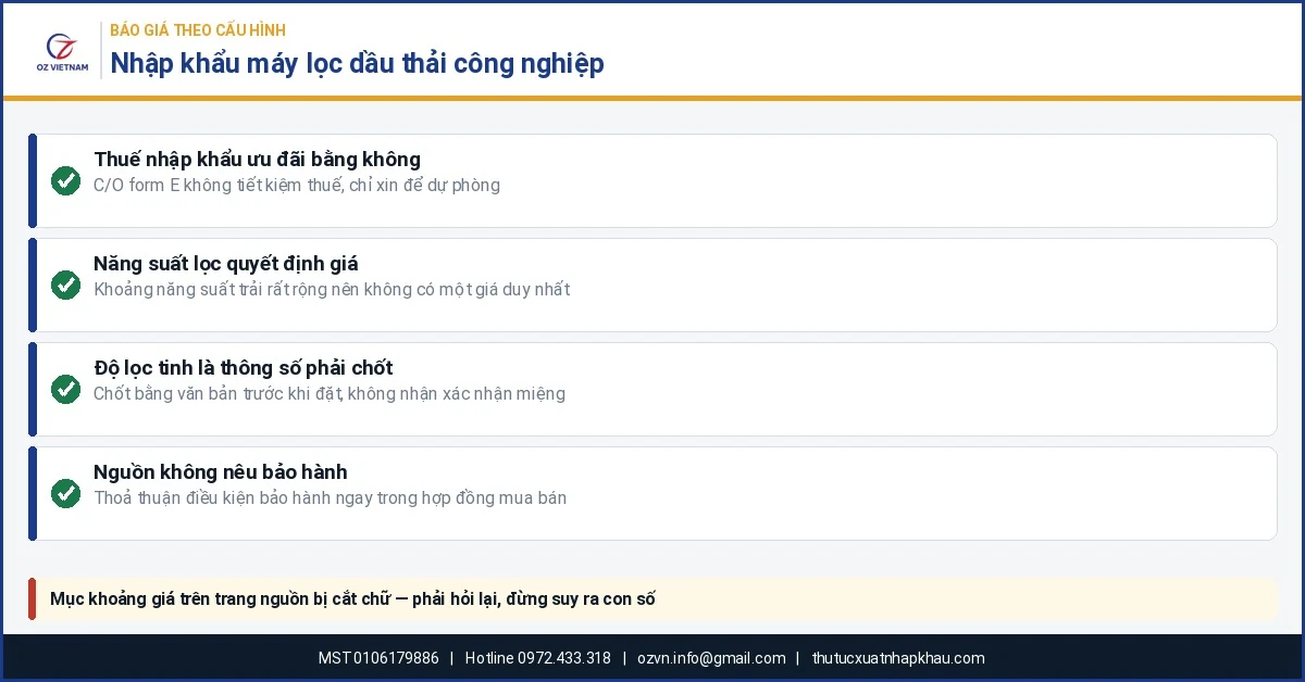 Nhập khẩu máy lọc dầu thải công nghiệp: các yếu tố quyết định báo giá theo cấu hình